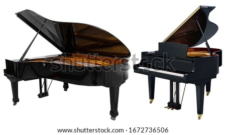 classical musical instrument Grand piano with open top, set of two pianos isolated on a white background Royalty-Free Stock Photo #1672736506