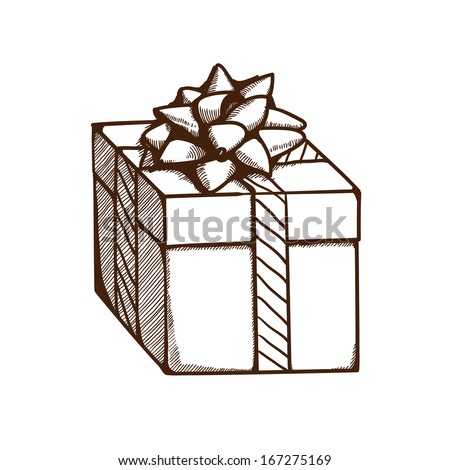 Present box with ribbon and bow. Holiday design element isolated on white