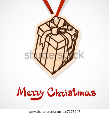 Present box paper label on ribbon. Christmas and New year design element