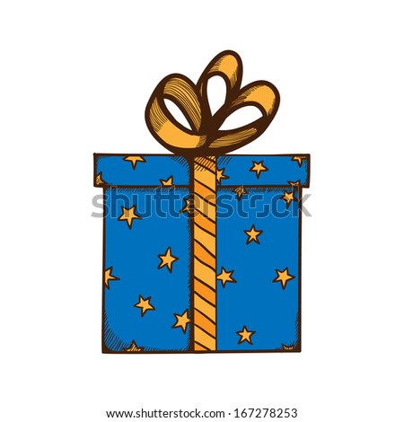 Present box with ribbon and bow. Holiday design element isolated on white