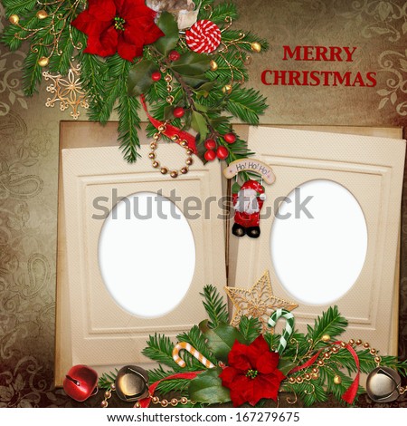 Frames with gorgeous Christmas decorations on vintage background