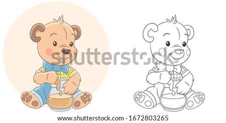 Coloring book. Colouring picture with teddy bear. Cartoon animal clipart set for nursery poster, t shirt print, kids apparel, greeting card, wallpaper or banner.