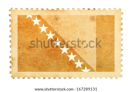 Water stain mark of Bosnia and Herzegovina flag on an old retro brown paper postage stamp.