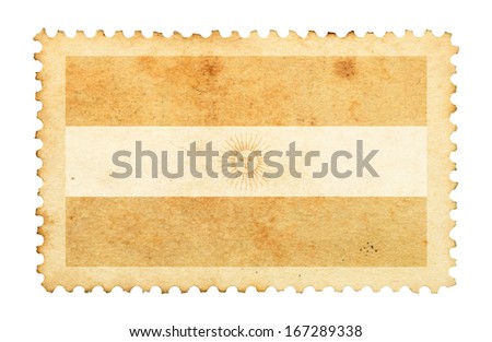 Water stain mark of Argentina flag on an old retro brown paper postage stamp. 