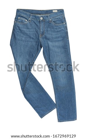 Blue jeans isolated on white background.Beautiful casual jeans top view .