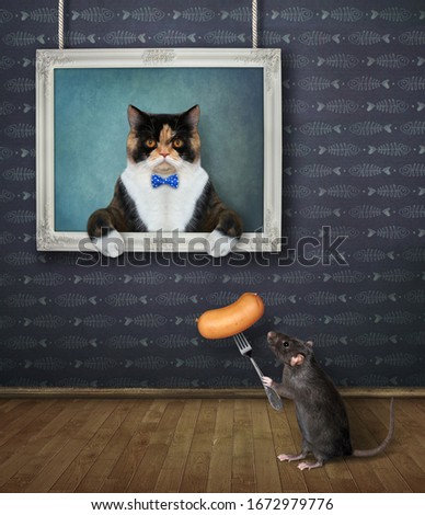 The multicolored cat is coming out from the picture hanging on the wall of the art gallery. A black rat gives him a sausage on a fork.