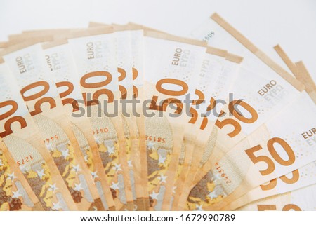 Layout of money on a white background Flatley. Paper money account in Europe. 50 Euro banknotes. 
