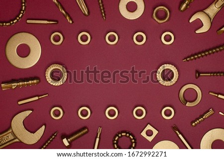 Template of golden tools on red background for industry projects or mechanics topics.