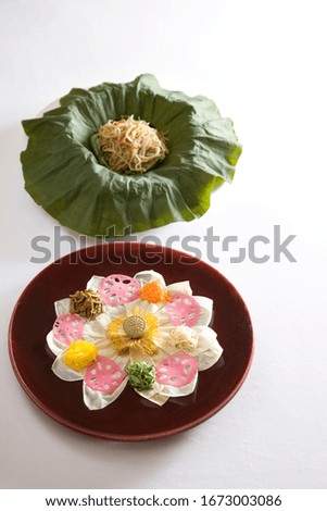 Korean food on white table.Lotus leaf burdock vegetable

