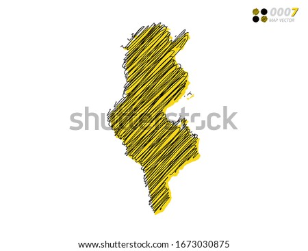Vector silhouette chaotic hand drawn scribble yellow and black sketch  of Tunisia map on white background.