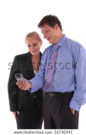 Businessmen and businesswoman look in a mobile phone