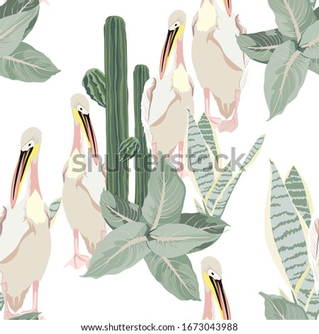 Tropical vintage palm leaves and plants, exotic cacti, pelican floral seamless pattern, light background. Exotic jungle bird wallpaper.