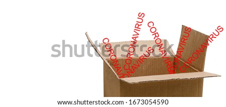 Opened cardboard shipment package box and virus cells. Transmission of the infection medical concept. Isolated on white.