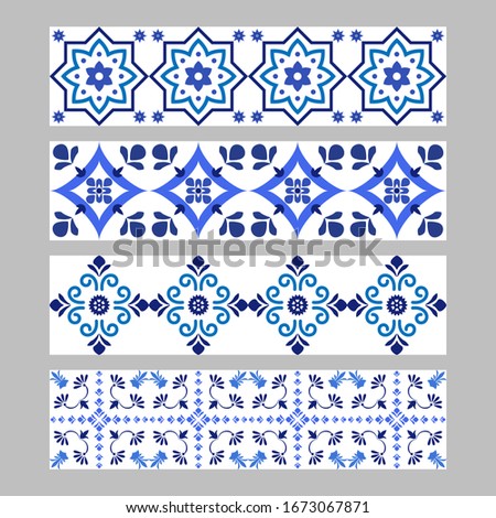 Set of azulejos portuguese traditional ornamental tile borders, blue and white pattern. Vector illustration