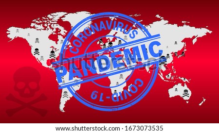 Vector world map with red gradient background and blue ink stamp coronavirus alert. Illustration for web design or infographics. Vector file in eps 10 editable and scalable