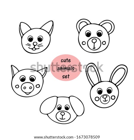 Cute animals with a blush on their cheeks hand drawn in doodle style. cat, dog, hare, pig, bear - set of elements for design icon, cover social media, card, poster, sticker, decor of a child room