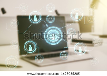 Double exposure of social network icons concept with computer on background. Networking concept