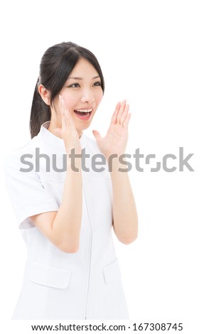 young asian nurse calling isolated on white background
