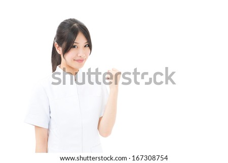 young asian nurse cheering isolated on white background