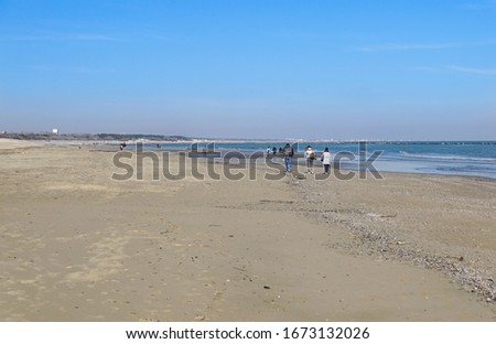 Family of four holding hands and walking on beach