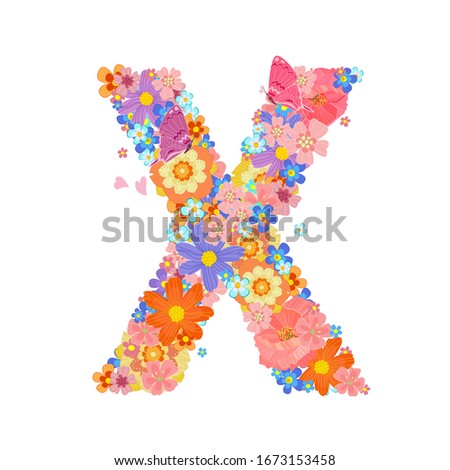 colorful blossom of meadow flowers with butterflies and flying little floral. capital letter x