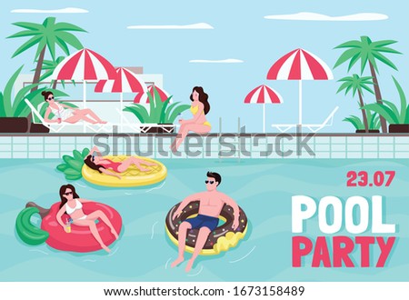 Pool party poster flat vector template. Man on inflatable ring. Woman floating on air mattress. Brochure, booklet one page concept design with cartoon characters. Poolside flyer, leaflet