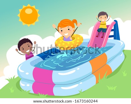 Illustration of Stickman Kids Playing in Inflatable Pool with Water Slide Outdoors During Summer