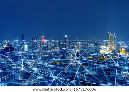 Wireless network, Connection technology concept, Information communication network, abstract line connection on night city background
