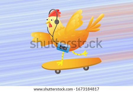 A cheerful chicken rides on a skateboard and listens to music in the player. Colorful vector character. Motion blur background