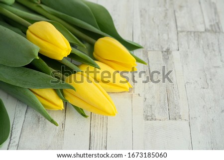 A bouquet of yellow tulips, lying on a white wooden background, top view