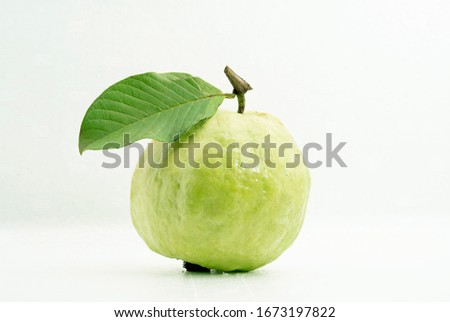 a fresh guava with broken leaf on top look yummy and delicious for healthy life close up isolated on white also has clipping path easy for use in another photo program exclude the black on bottom