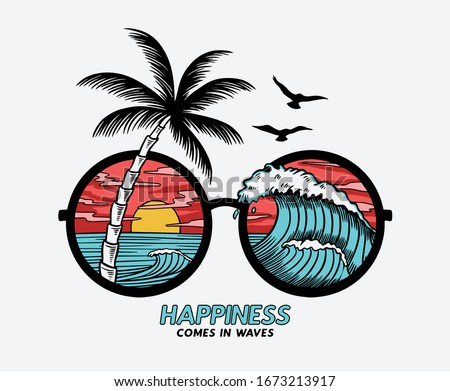 Vector sun glasses with tropical beach reflection illustration, for t-shirt print and other uses.