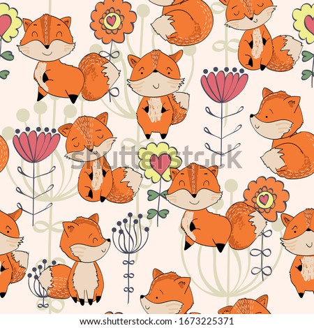 Vector hand drawn seamless pattern. Cute cartoon fox with flowers.