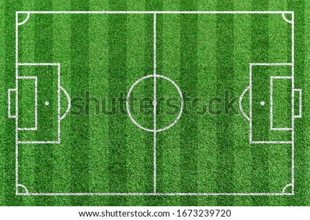 Top view stripe grass soccer field. Green lawn with white lines pattern background. Royalty-Free Stock Photo #1673239720