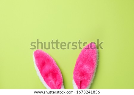 Easter bunny ears on green background, top view. Space for text