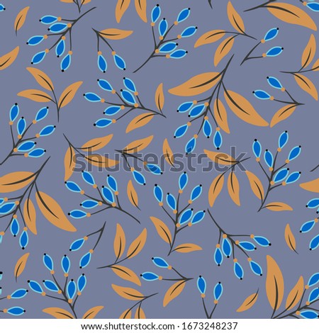 Vector floral seamless pattern with blue berries, orange leaves, branches, twigs. Elegant botanical texture. Simple vegetal ornament, natural wallpapers. Repeated design for decoration, tileable print