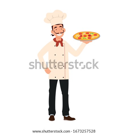 master chef holds pizza. vector illustration isolated on white background.