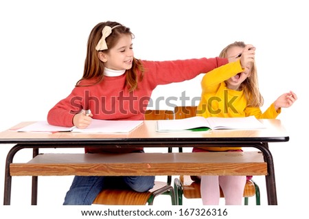 little kids at school isolated in white