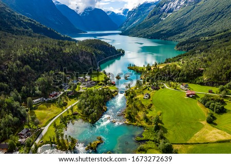 Beautiful Nature Norway natural landscape. lovatnet lake Lodal valley. Royalty-Free Stock Photo #1673272639