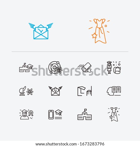 Distant education icons set. Eraser and distant education icons with self study, astrophysics and best student. Set of structure for web app logo UI design.