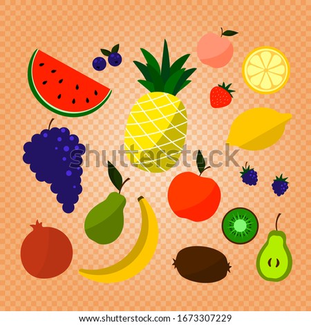 Cartoon Doodle Cute Fruits and Berries. Vector Colorful Food Set.  Vegan kitchen apple hand drawn, organic fruits or vegetarian food.