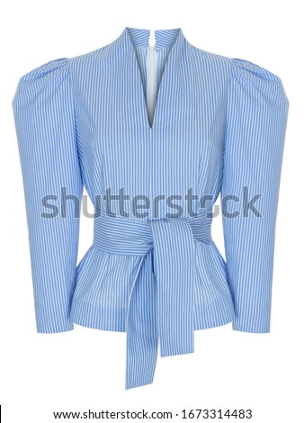 Beautiful luxurious fashionable blue blouse with lush long sleeves and a belt isolated on a white background, clipping, ghost mannequin Royalty-Free Stock Photo #1673314483