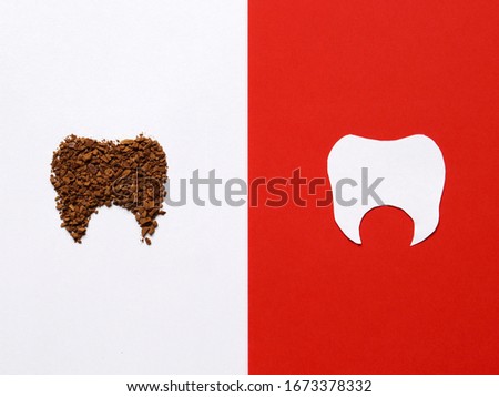 Tooth. Background with clean and dirty teeth. Cleaning of dental plaque. The dangers of coffee. Dentistry, medicine. Emotions.