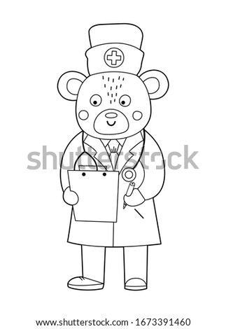 Vector outline bear doctor with stethoscope writing an anamnesis. Cute funny animal character. Medicine coloring page for children. Healthcare icon isolated on white background