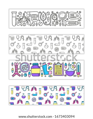 Horizontal banners with doodle colored pulmonology items. Used clipping mask.