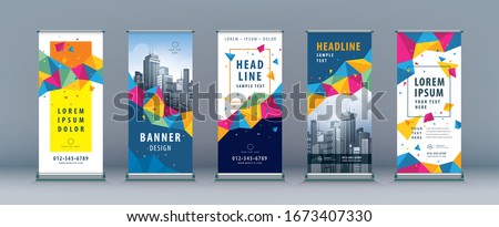 Business Roll Up Set. Standee Design. Banner Template, Abstract Colorful Geometric Polygon and Triangle Splash Background vector, presentation, leaflet, j-flag, x-stand, x-banner, exhibition display Royalty-Free Stock Photo #1673407330