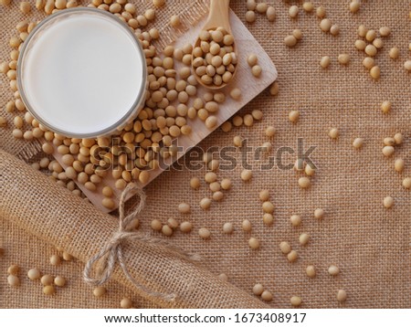 soy milk and soybean on the cutting board