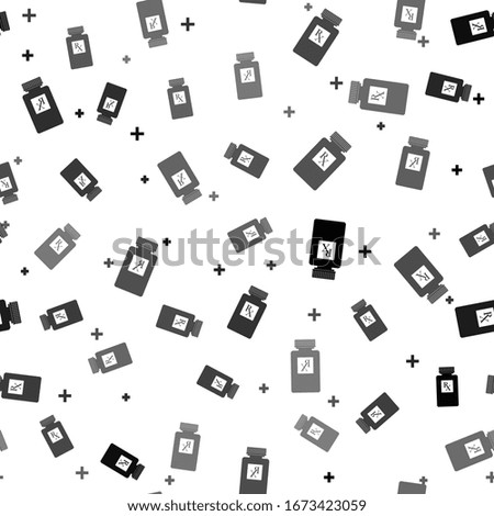 Black Pill bottle with Rx sign and pills icon isolated seamless pattern on white background. Pharmacy design. Rx as a prescription symbol on drug medicine bottle