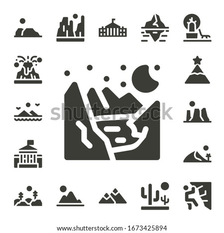hill icon set. 17 filled hill icons.  Simple modern icons such as: Desert, Volcano, Mountains, Glacier, house, Peak, Canyon, Dune, Forest, Mountain, Iceberg, Landscape, Climbing