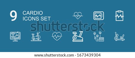 Editable 9 cardio icons for web and mobile. Set of cardio included icons line Stationary bike, Heart rate, Cardiogram, Lifestyle, Electrocardiogram, Heartbeat on blue background